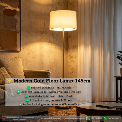 145cm modern gold floor lamp with linen shade, sleek standing light in a contemporary living room setting in South Africa