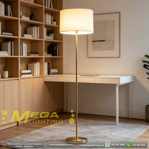 145cm modern gold floor lamp with linen shade, sleek standing light in a contemporary living room setting in South Africa