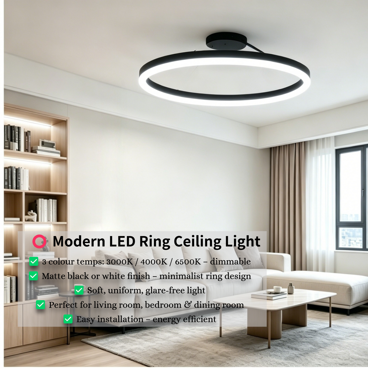 Modern LED Ring Ceiling Light Dimmable 3000K 6500K Minimalist Black 