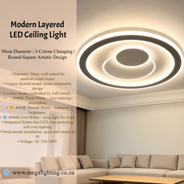 50cm modern layered round‑square LED ceiling light 3‑colour changing flush‑mount wall‑switch control MEGA LIGHTING South Africa