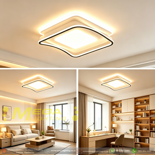 50x50cm MEGA LIGHTING modern layered wavy LED ceiling light with warm white lighting, three-tiered wavy frame, installed in a cozy living room setting