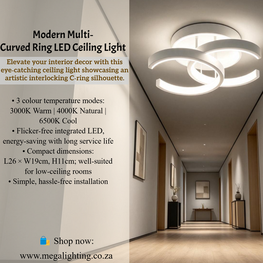 Modern Multi-Curved Interlocking C-Ring LED Ceiling Light L26×W19cm 3-colour switchable MEGA LIGHTING South Africa