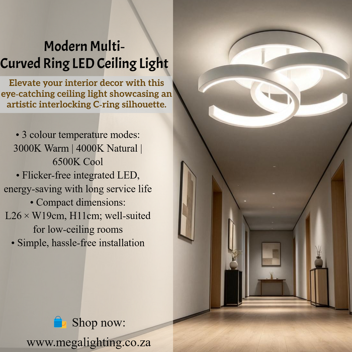 Modern Multi-Curved Interlocking C-Ring LED Ceiling Light L26×W19cm 3-colour switchable MEGA LIGHTING South Africa