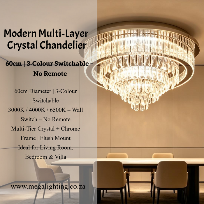 60cm luxury multi‑layer crystal flush mount chandelier, 3‑colour switchable LED polished chrome MEGA LIGHTING South