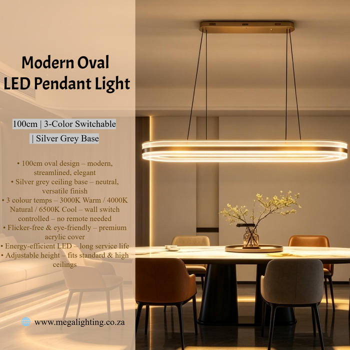 100cm modern oval LED pendant light silver‑grey ceiling‑base 3‑colour switchable adjustable‑height MEGA LIGHTING South Africa