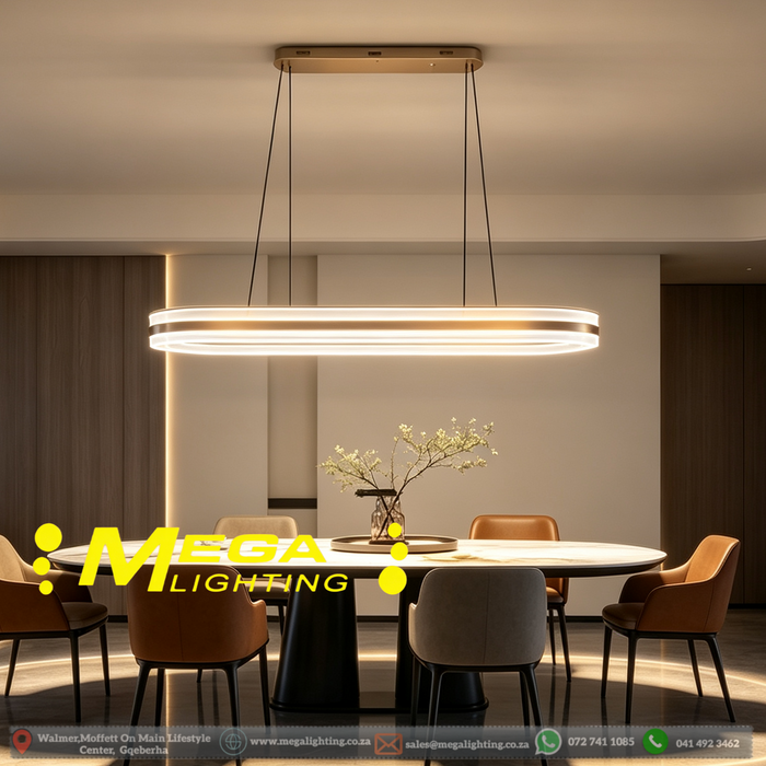 100cm modern oval LED pendant light silver‑grey ceiling‑base 3‑colour switchable adjustable‑height MEGA LIGHTING South Africa