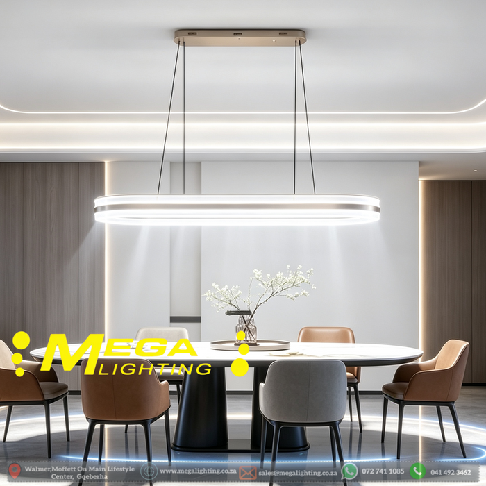 100cm modern oval LED pendant light silver‑grey ceiling‑base 3‑colour switchable adjustable‑height MEGA LIGHTING South Africa