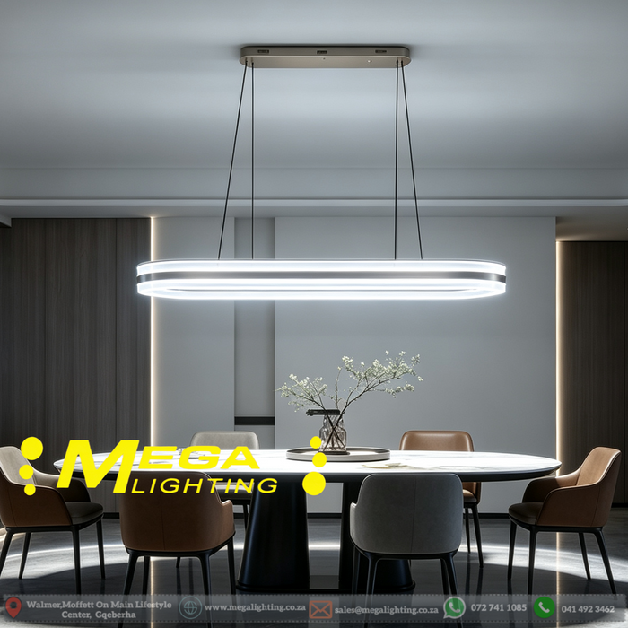 100cm modern oval LED pendant light silver‑grey ceiling‑base 3‑colour switchable adjustable‑height MEGA LIGHTING South Africa