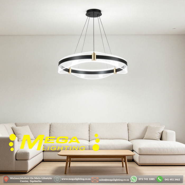 MG‑8352‑500 modern ring LED pendant light 50cm black‑gold frame clear acrylic shade adjustable 100cm height MEGA LIGHTING South Africa