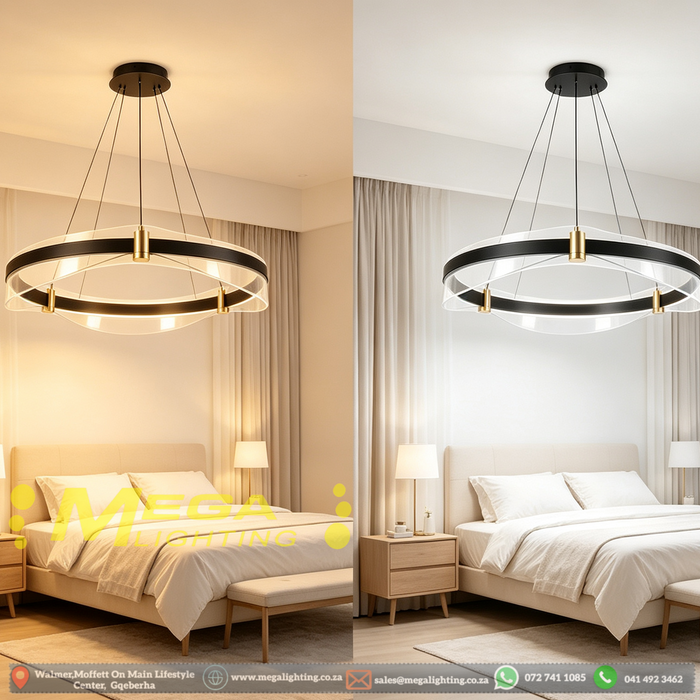 MG‑8352‑500 modern ring LED pendant light 50cm black‑gold frame clear acrylic shade adjustable 100cm height MEGA LIGHTING South Africa