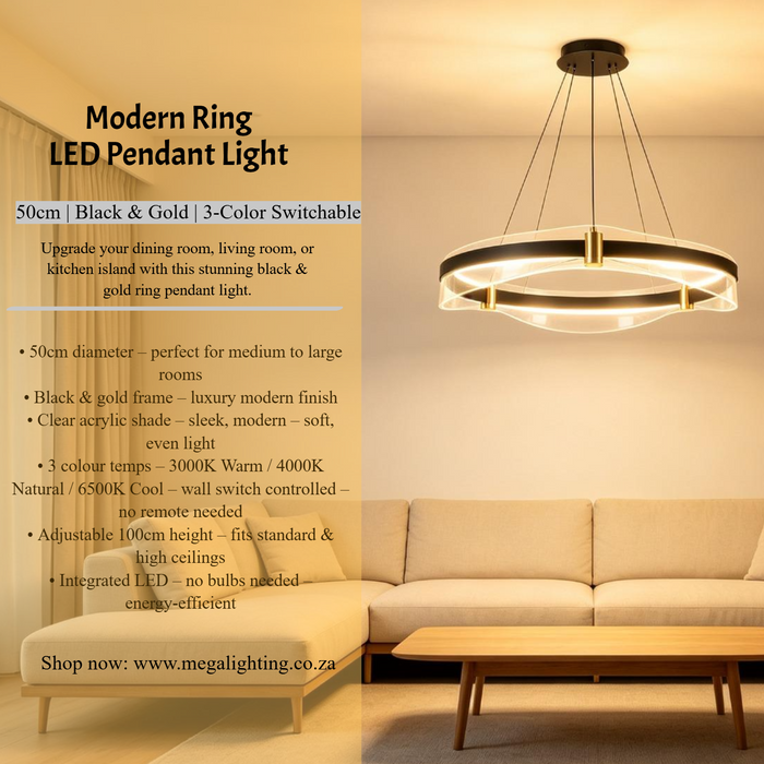 MG‑8352‑500 modern ring LED pendant light 50cm black‑gold frame clear acrylic shade adjustable 100cm height MEGA LIGHTING South Africa