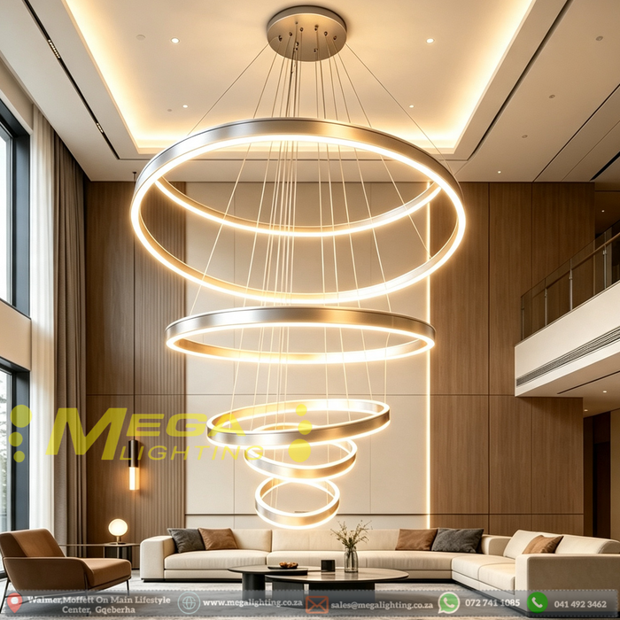 Modern ring LED pendant light 7 sizes 30‑120cm 3‑color switchable adjustable height MEGA LIGHTING South Africa