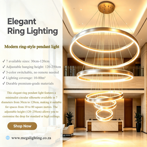 Modern ring LED pendant light 7 sizes 30‑120cm 3‑color switchable adjustable height MEGA LIGHTING South Africa