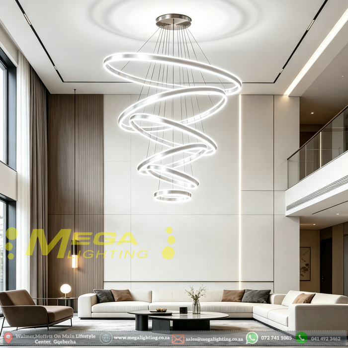 Modern ring LED pendant light 7 sizes 30‑120cm 3‑color switchable adjustable height MEGA LIGHTING South Africa