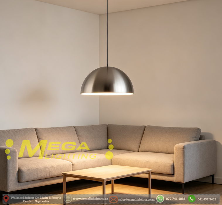 Modern silver dome pendant light with 36cm wide shade, 100cm adjustable cord and E27 lamp base, polished silver decorative hanging lamp for dining table kitchen island bar counter, MEGA LIGHTING South Africa