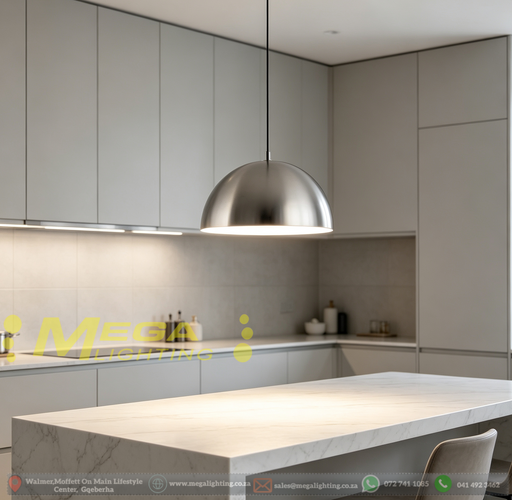 Modern silver dome pendant light with 36cm wide shade, 100cm adjustable cord and E27 lamp base, polished silver decorative hanging lamp for dining table kitchen island bar counter, MEGA LIGHTING South Africa