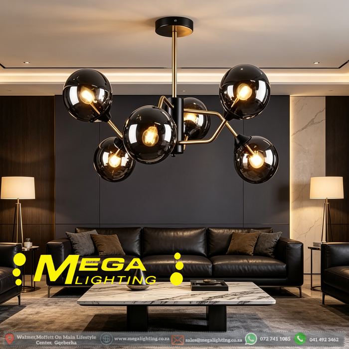 MG‑7006/6 modern Sputnik 6‑light pendant light smoke‑tinted glass black‑gold frame 60×50cm MEGA LIGHTING South Africa