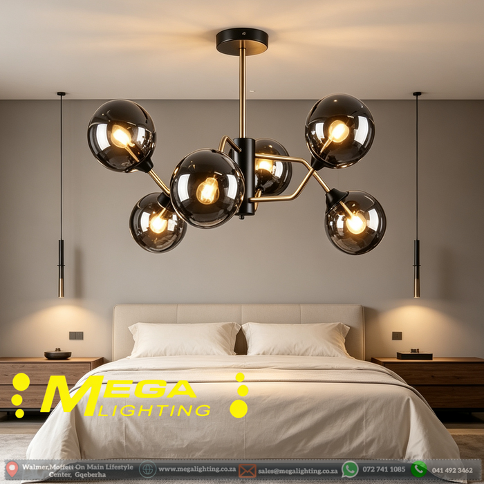 MG‑7006/6 modern Sputnik 6‑light pendant light smoke‑tinted glass black‑gold frame 60×50cm MEGA LIGHTING South Africa