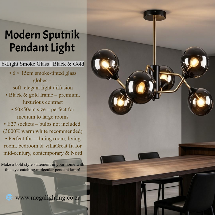MG‑7006/6 modern Sputnik 6‑light pendant light smoke‑tinted glass black‑gold frame 60×50cm MEGA LIGHTING South Africa
