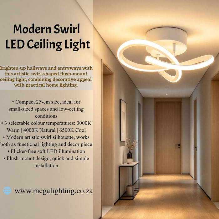 Modern Swirl LED Ceiling Light 25cm flush‑mount 3‑colour changing for low ceilings MEGA LIGHTING South Africa