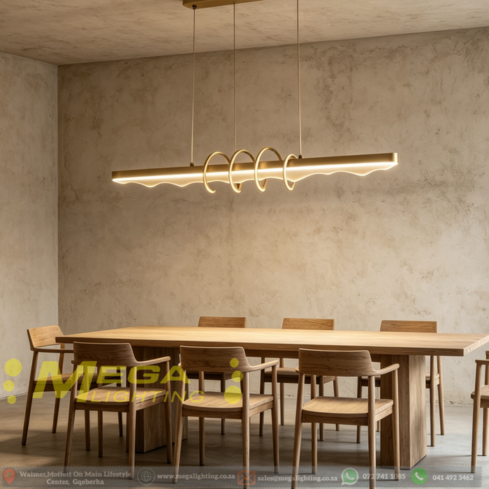 Modern 1.2m wave linear LED chandelier with gold and black frame, 3 colour temperature adjustable pendant light, wavy crystal shade with 4 curved rings, adjustable height luxury ceiling light for dining room living room bedroom, MEGA LIGHTING South Africa