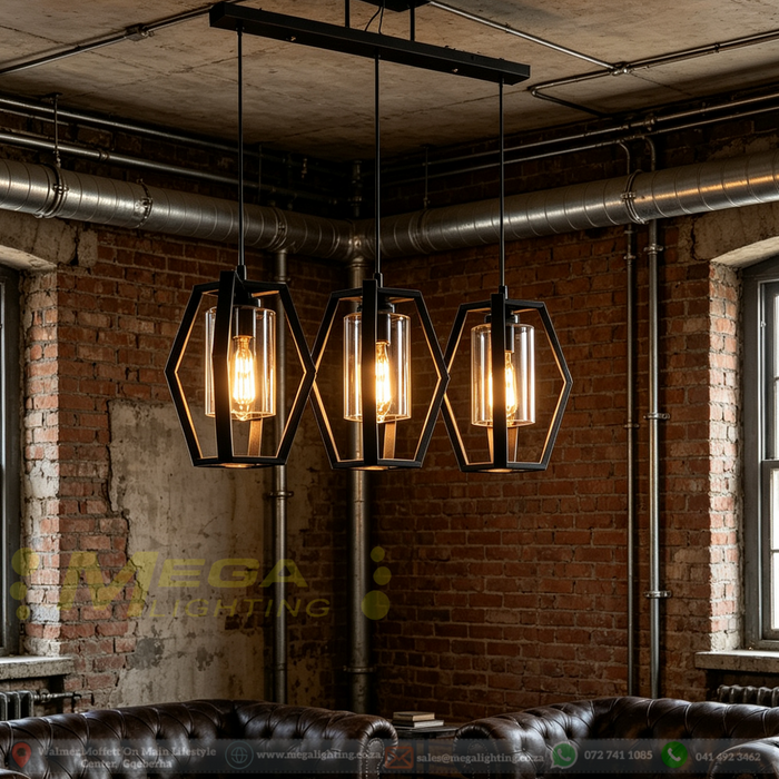 3-heads hexagon industrial pendant lamp with matte black frame and clear glass, 1m bar, suspended above kitchen island.