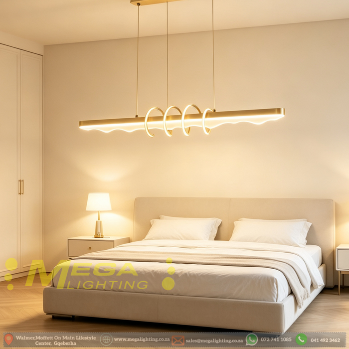 Modern 1.2m wave linear LED chandelier with gold and black frame, 3 colour temperature adjustable pendant light, wavy crystal shade with 4 curved rings, adjustable height luxury ceiling light for dining room living room bedroom, MEGA LIGHTING South Africa