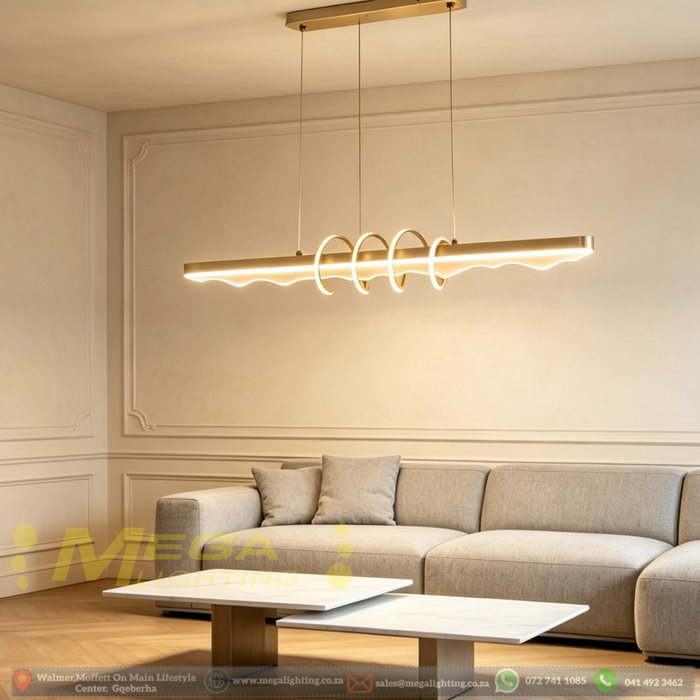 Modern 1.2m wave linear LED chandelier with gold and black frame, 3 colour temperature adjustable pendant light, wavy crystal shade with 4 curved rings, adjustable height luxury ceiling light for dining room living room bedroom, MEGA LIGHTING South Africa