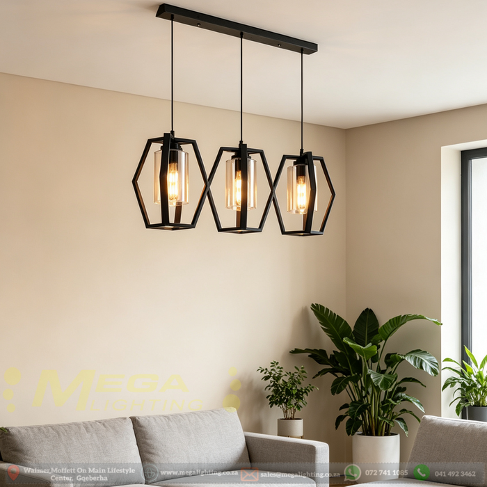 3-heads hexagon industrial pendant lamp with matte black frame and clear glass, 1m bar, suspended above kitchen island.