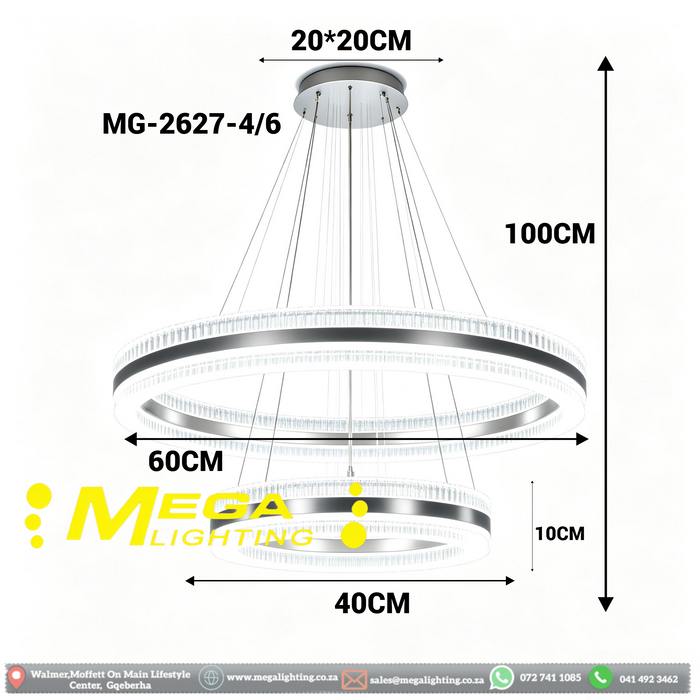 Modern 2‑Tier crystal‑ring LED chandelier 100cm+60cm rings 3‑colour switchable adjustable suspension MEGA LIGHTING South Africa