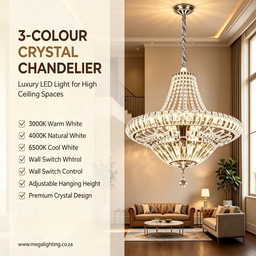 Modern 3‑Colour Changing LED Crystal Chandelier 48cm Diameter for Living Room Hall MEGA LIGHTING South Africa