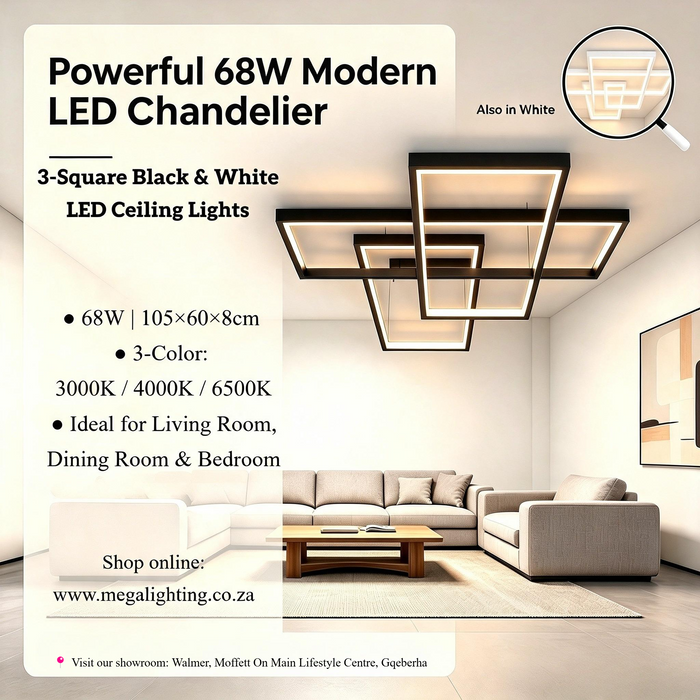 Modern 3-Square Black and White LED Ceiling Chandelier – 68W | 105×60×8cm | 3-Color Switchable (3000K/4000K/6500K) | Remote Control Dimming | Flicker-Free for Living Room, Dining Room & Bedroom | MEGA LIGHTING South Africa
