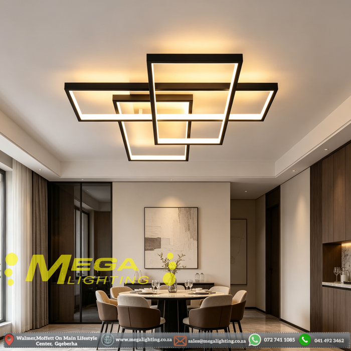 Modern LED Ceiling Lights, Black Chandelier 68W Flush Mount Ceiling Lamp with Remote 3 Squares Ceiling Light Fixtures for Living Dining Room Bedroom Kitchen | MEGA LIGHTING