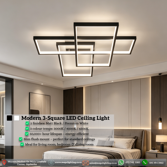Modern LED Ceiling Lights, Black Chandelier 68W Flush Mount Ceiling Lamp with Remote 3 Squares Ceiling Light Fixtures for Living Dining Room Bedroom Kitchen | MEGA LIGHTING