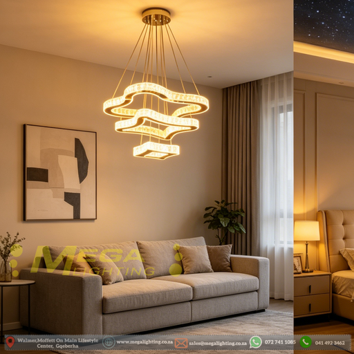 3-tier white cloud-shaped LED chandelier installed above a modern dining table, emitting warm white light – Mega Lighting