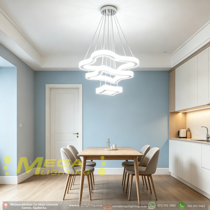 3-tier white cloud-shaped LED chandelier installed above a modern dining table, emitting warm white light – Mega Lighting