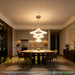 Modern 3-tier square white LED chandelier suspended above a dining table with warm white lighting – Mega Lighting