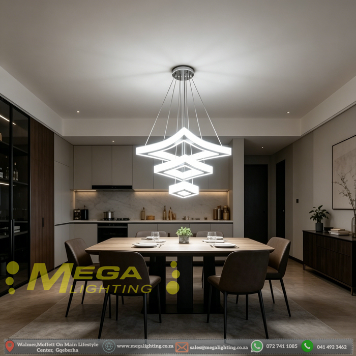 Modern 3-tier square white LED chandelier suspended above a dining table with warm white lighting – Mega Lighting
