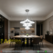 Modern 3-tier square white LED chandelier suspended above a dining table with warm white lighting – Mega Lighting