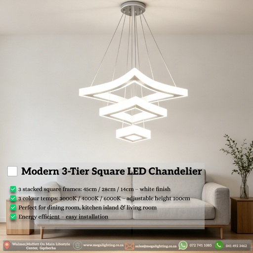 Modern 3-tier square white LED chandelier suspended above a dining table with warm white lighting – Mega Lighting