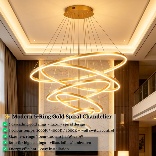 Modern 5-ring gold spiral LED chandelier suspended in a luxury villa living room with warm white lighting – Mega Lighting

