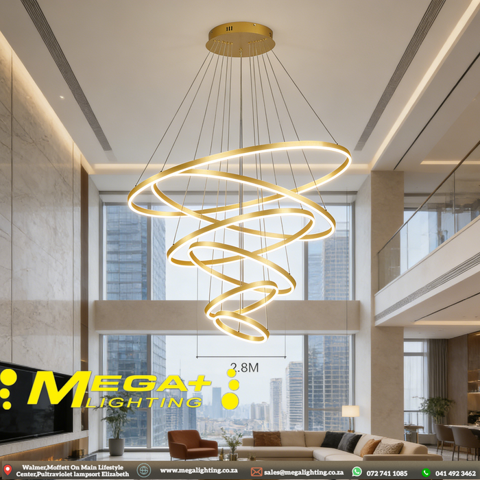 Modern 5-ring gold spiral LED chandelier suspended in a luxury villa living room with warm white lighting – Mega Lighting

