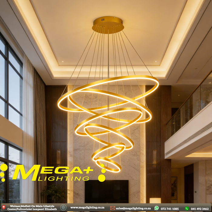 Modern 5-ring gold spiral LED chandelier suspended in a luxury villa living room with warm white lighting – Mega Lighting

