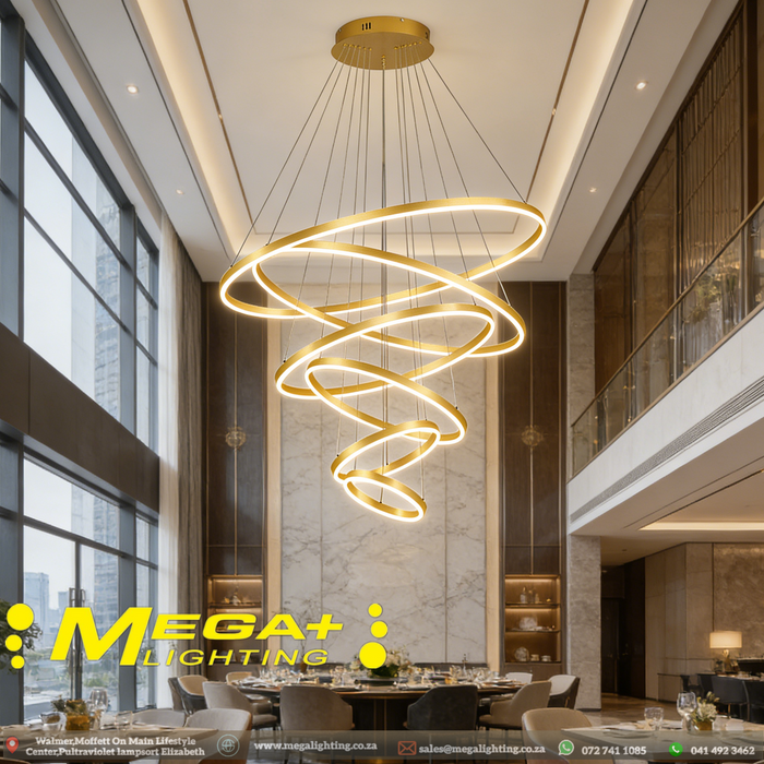 Modern 5-ring gold spiral LED chandelier suspended in a luxury villa living room with warm white lighting – Mega Lighting

