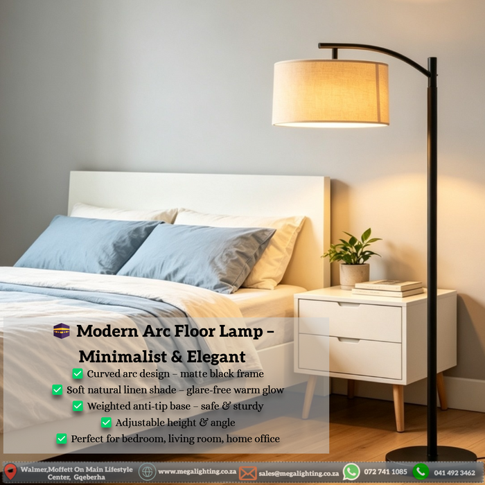 Modern Arc Floor Lamp – Minimalist Design | Soft Linen Shade | Adjustable Height | MEGA LIGHTING