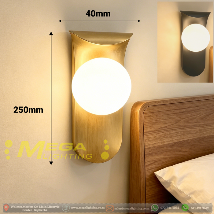 Gold Metal Faux Wood Spherical Glass Wall Light | 3-CCT Dimmable (3000K/4000K/6500K) | Frosted Opal Glass Globe | Premium Gold Backplate for Bedroom Bedside, Guest Room & Hotel Headboard | MEGA LIGHTING South Africa