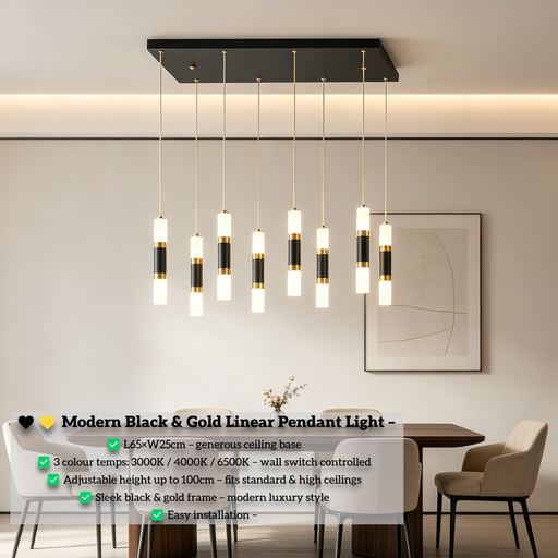 Modern Black & Gold linear LED pendant light L65×W25cm, 3-colour switchable 3000K 4000K 6500K, 100cm adjustable hanging height minimalist hanging lamp for dining room living room home office, MEGA LIGHTING South Africa