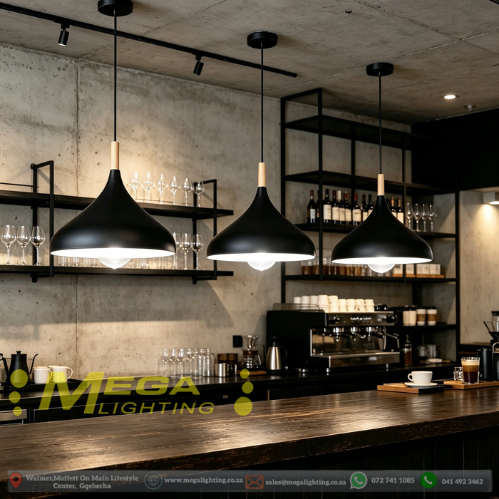 Dome Pendant Light with Wood Accent | Ø300mm | 6 Colours (Black/Red/Green/Grey/White/Blue) | Adjustable 1000mm Cord for Kitchen Island, Dining Table, Bar & Cafe | MEGA LIGHTING South Africa