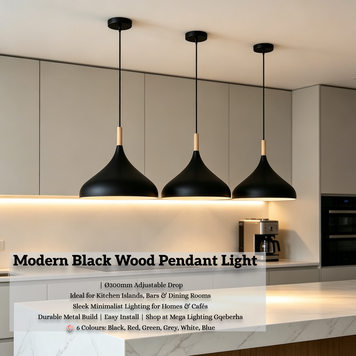 Dome Pendant Light with Wood Accent | Ø300mm | 6 Colours (Black/Red/Green/Grey/White/Blue) | Adjustable 1000mm Cord for Kitchen Island, Dining Table, Bar & Cafe | MEGA LIGHTING South Africa