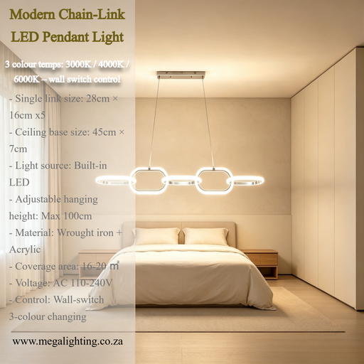 Modern Chain‑Link LED Pendant Light wrought iron acrylic 3‑colour switchable adjustable height 100cm for dining living bedroom MEGA LIGHTING South Africa